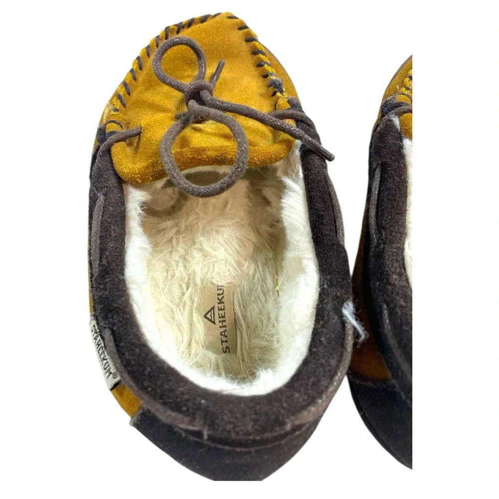 Staheekum Suede Moccasin Slippers Brown Tan Faux Fur Lined Indoor Outdoor Size 1
